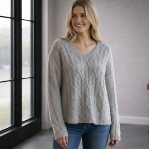 Sonoma | Gray Slouchy fit Vneck Lightweight Cableknit Sweater